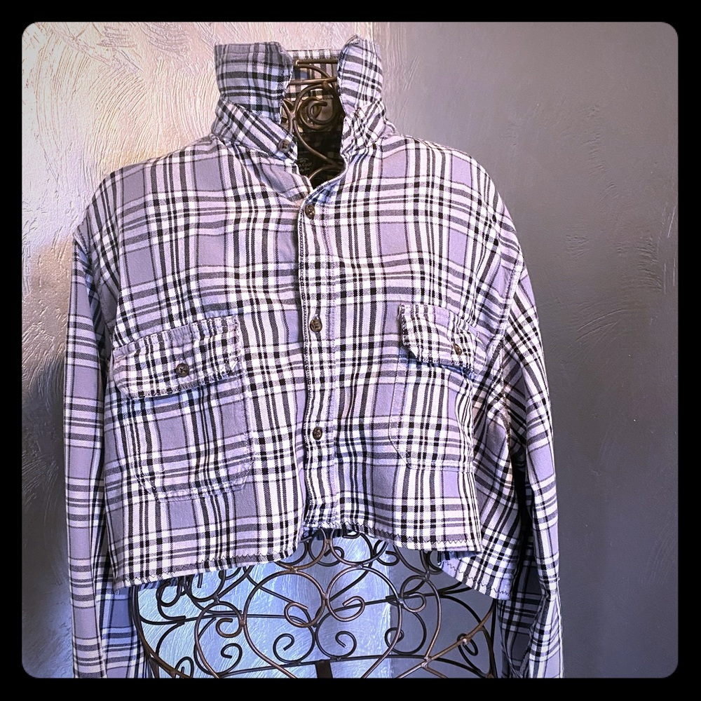 Cropped Flannel Shirt / Grey & Blk / sz. XL